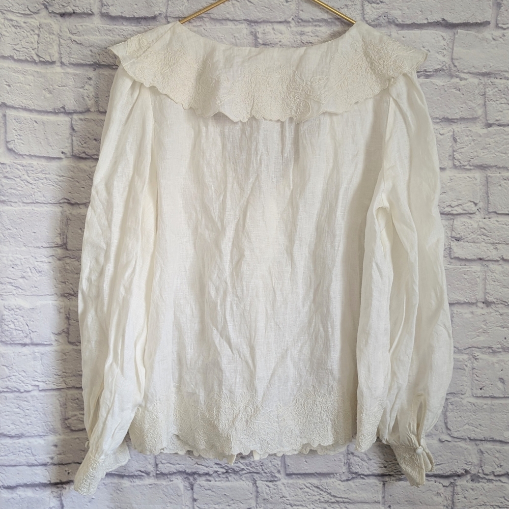 Anthropologie Long Sleeve Embroidered Linen Tie-Front Top L White Bohemian 70s - Picture 5 of 8